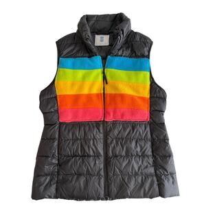 VTG Y2K CJ Laing Black W/ Rainbow Fleece Puffer Vest Funnel Neck Retro Stripes S